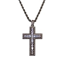 Men Women 925 Italy Finish Iced Cross Charm Ice Out Pendant Stainless Steel Real 2 mm Rope Chain Necklace, Mens Jewelry, Iced Pendant, Rope Necklace
