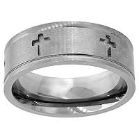 8mm Titanium Wedding Band Cross Ring Deep Carving Grooved Edges Flat Comfort Fit Sizes 6-14