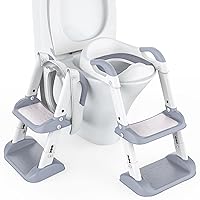 Potty Training Toddler Seat with Ladder, Double Step Potty Step Stool for Kids, Foldable Potty Toilet Seat with PU Cushion, 6-Leves Height and Wide Anti-Slip Pad for Baby Boys Girls, Light Grey
