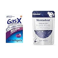 Gas-X Maximum Strength Gas Relief Softgels with Simethicone 250 mg for Bloating Relief - 50 Count & Mentadent Premium Floss Picks, Double Thread Floss Picks with Built in Toothpicks - 150 Count