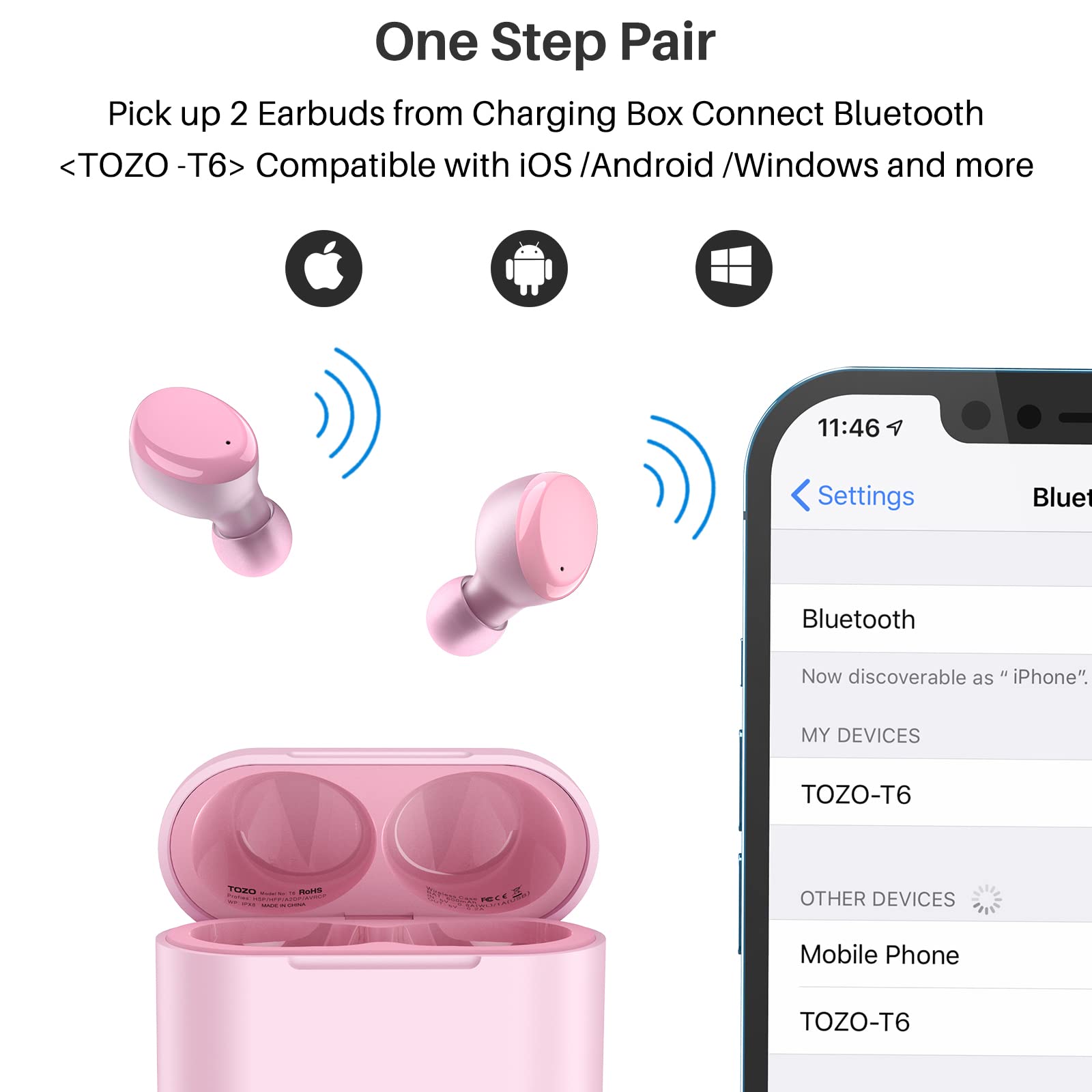 TOZO T6 True Wireless Earbuds Bluetooth 5.3 Headphones Touch Control with Wireless Charging Case IPX8 Waterproof Stereo Earphones in-Ear Built-in Mic Headset Premium Deep Bass Rose Gold