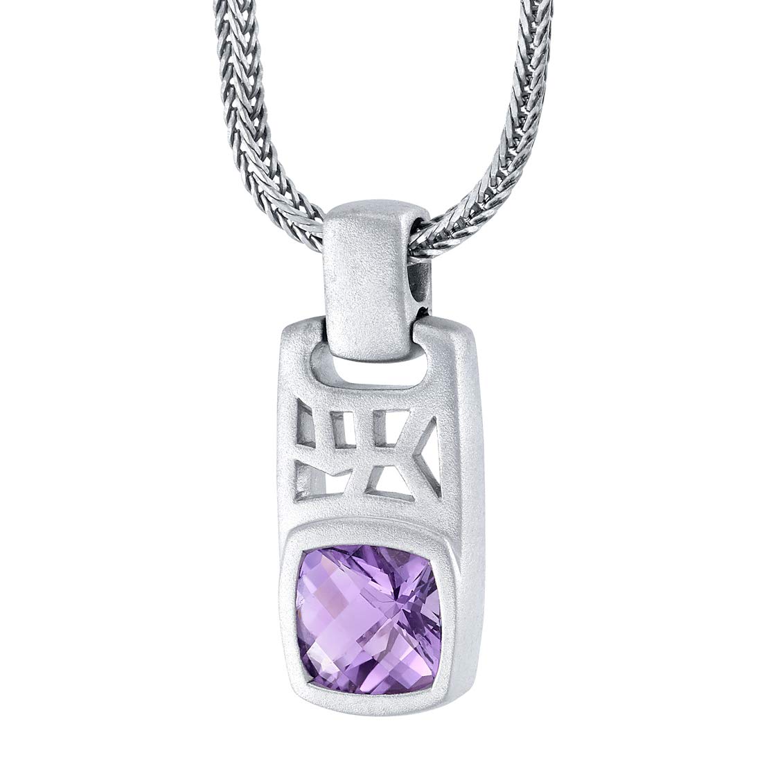 Peora Amethyst Tag Pendant Necklace for Men in Sterling Silver, 2.75 Carats Cushion Cut, Brushed Finished, with 22-Inch Italian Chain