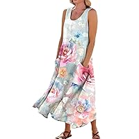 Spring Dress for Women Casual Comfortable Floral Print Sleeveless Cotton Pocket Dress