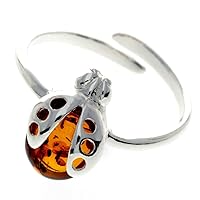 925 Sterling Silver & Genuine Baltic Amber Ladybird Ring - GL491A
