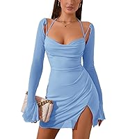 HTZMO Sexy Women's Halter Flounce Sleeves Ruched Mini Dress Sheer Mesh Side Split Cute Party Short Dresses