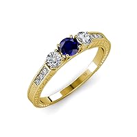 Blue Sapphire and Diamond Milgrain Work 3 Stone Ring with Side Diamond 0.85 ctw 14K Yellow Gold