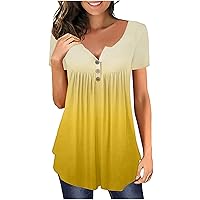 Women's Blouses,Gradient Tunic Sexy V-Neck Button Shirt Short Sleeve Plus Size Top Casual Trendy T-Shirt