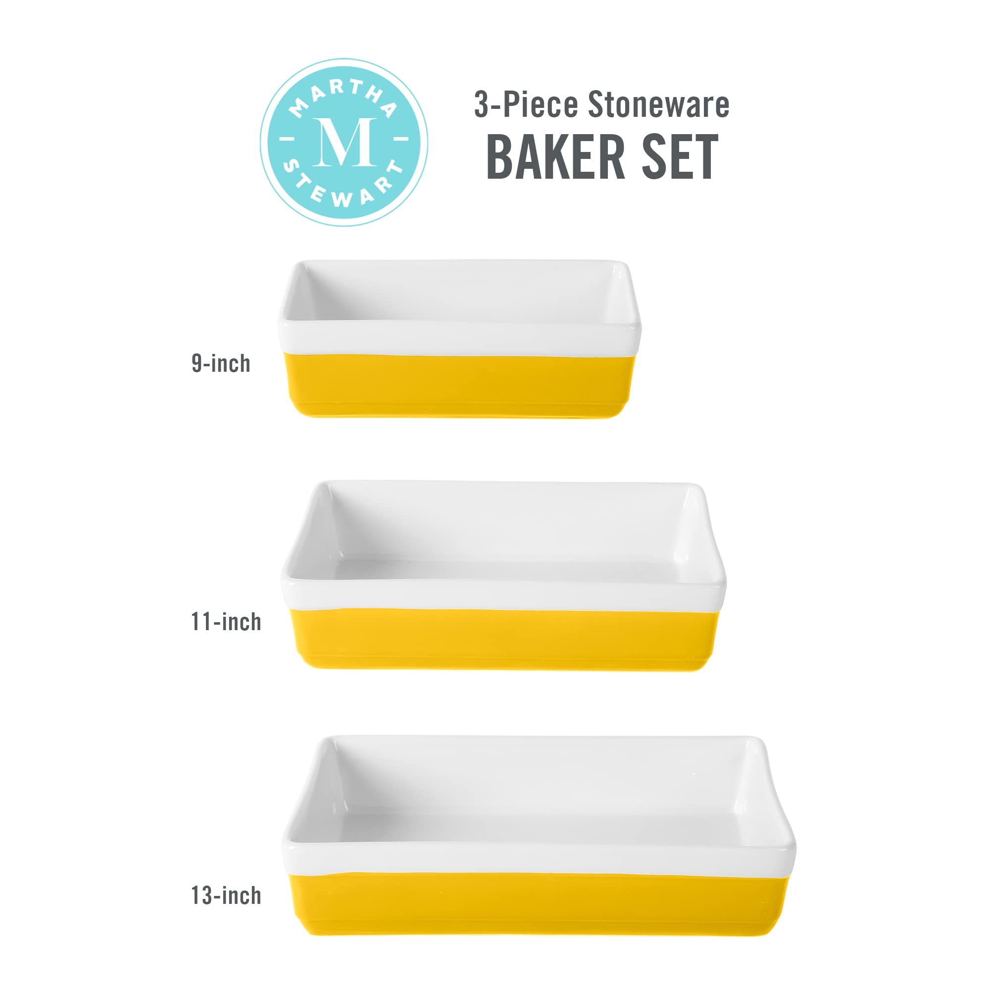 MARTHA STEWART 3 Piece Oven to Table Stoneware Bakeware, Baking Dish & Casserole Set - Yellow