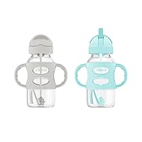 Dr. Brown's Milestones Wide-Neck Sippy Straw Bottle with 100% Silicone Handles and Weighted Straw, 9 oz/270 mL, Gray & Green, 6m+