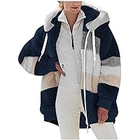 Winter Jacket Womens Warm Sherpa Fleece Hoodie Coat Fashion Color Block Zip Up Cozy Fuzzy Hooded Sweatshirt Outwear