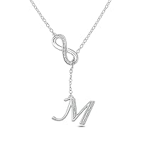 Diamond Infinity Lariat Necklace for Women in 925 Sterling Silver, Women's Silver Alphabet Pendant Necklace with Diamond Accents Available in Letters A To Z, 20