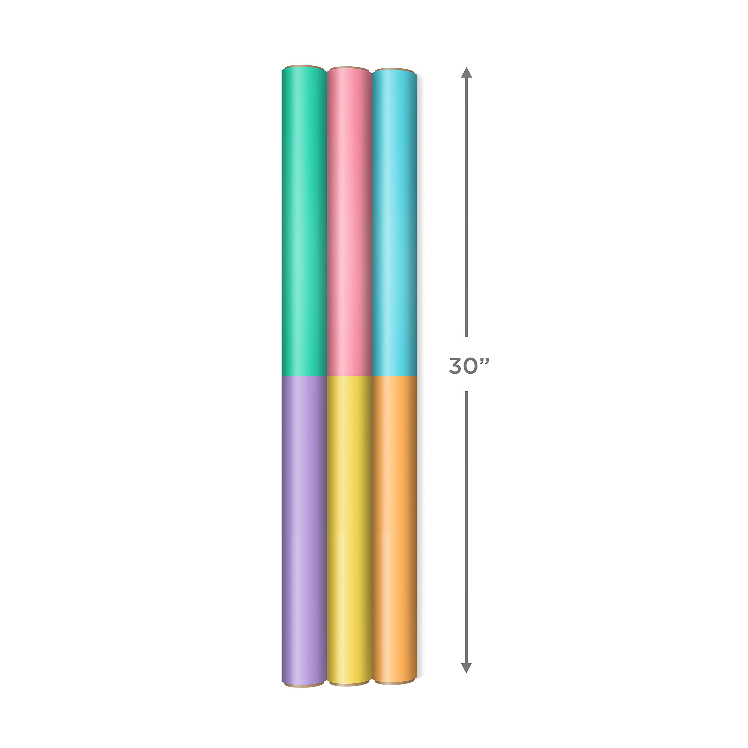 Hallmark Bright Pastel Wrapping Paper with Cutlines on Reverse (3 Rolls: 75 sq. ft. ttl) Dual Tone: Green, Violet, Pink, Yellow, Blue, Orange for Birthdays, Baby Showers, Easter