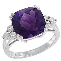 Sterling Silver Natural Amethyst Ring Cushion Cut 11x11, Diamond Accent, Sizes 5-10