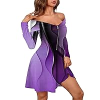 Sexy Dresses for Women Going Out Off The Shoulder Pretty Pleated with Long Sleeve Zip Front Flowy Knee Dress