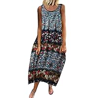 Trendy Boho Sleeveless Linen Dress for Women Floral Print Crew Neck Long Maxi Dresses Colorblock Loose Beach Sundress