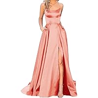 Women's Satin Prom Dresses Long Ball Gown with Slit Backless Spaghetti Straps Halter Formal Evening Party Dress (Rose Gold,16,US,Numeric,16,Regular,Regular)