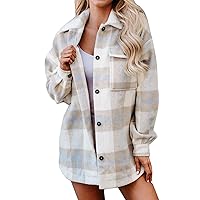 BTFBM Women's Long Sleeve Button Down Jackets Plaid Flannel Shirts Tops Casual Lapel V Neck Oversized Shackets Blouses Top