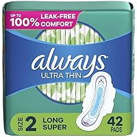 Always Ultra Thin, Feminine Pads For Women, Size 2 Long Super Absorbency, With Wings, Unscented, 42 Count