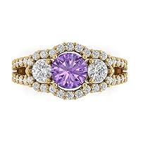 Clara Pucci 2.2 ct Round Cut 3 stone Halo Solitaire Simulated Alexandrite Accent Anniversary Promise Engagement ring 18K Yellow Gold