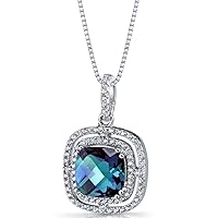 PEORA Simulated Alexandrite Pendant Necklace for Women 925 Sterling Silver, Double Halo Design, Color Changing 4.25 Carats Cushion Cut 9mm, with 18 Inch Chain