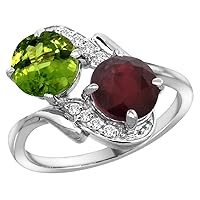 10K White Gold Diamond Natural Peridot & Enhanced Genuine Ruby Mother's Ring Round 7mm, 3/4 inch wide, sizes 5 - 10