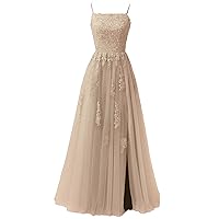 MllesReve Long Prom Dresses for Teens Spaghetti Straps Tulle Lace Applique Formal Evening Dresses with Slit