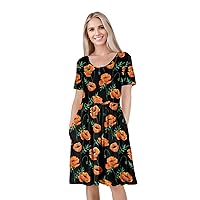 Women's Short Sleeve Empire Knee Length Dress with Pockets Orange Floral