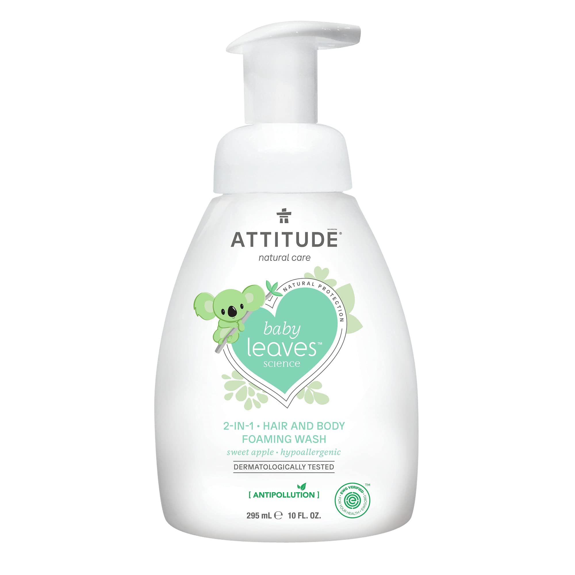 ATTITUDE 2-in-1 Natural Hair and Body Foaming Wash for Baby, EWG Verified Shampoo, Hypoallergenic Bath Soap, Sweet Apple, 10 Fl. Oz.