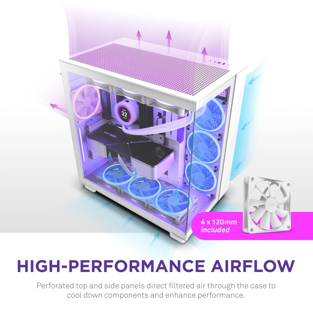 NZXT H9 Flow Dual-Chamber ATX Mid-Tower PC Gaming Case – High-Airflow Perforated Top Panel – Tempered Glass Front & Side Panels – 360mm Radiator Support – Cable Management – White