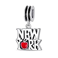 Red Big Apple Travel Vacation Tourism Saying I Love New York Statue of Liberty Charm Bead For Women For Teen Enamel .925 Sterling Silver Fits European Bracelet