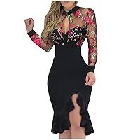 Dresses for Women 2024 Sexy Slit Ruffled Hem Floral Cocktail Dress Long Sleeve Mesh Bodycon Ball Gowns for Evening