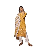 Yellow Indian festival Cambric Cotton Printed & Embroidery Straight Kurti Pant Dupatta Woman Kurta Set H1