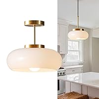 Pendant Light Fixture, Hanging lamp with Hand-Blown Glass Lampshade, American Retro Style Hanging Light, Height Adjustable Semi Flush Ceiling Light for Kitchen Island, Bathroom… (White)