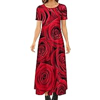Beautiful Red Roses Women's Short Sleeve Crewneck Dress Casual Long Maxi Dresses