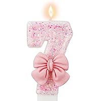 Pink Number 7 Birthday Candle, Girl 7th ​Birthday Party Pink Theme Decorations Supplies, 3D Bow Designed Glitter Pink Number Candles for Birthday Cake Topper Decorations (7 Candle Pink)