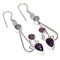Girls Jewelry! Blue Topaz and Amethyst Quartz HANDMADE Sterling Silver Plated EARRING 2.5