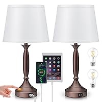Touch Table Lamps for Bedroom Nightstand - Bedside Lamps with Type-C USB-A Charging Ports White, 3 Way Dimmable Fabric Shade Silver Base for Bedroom, Office, Living Room, Reading (Brown)