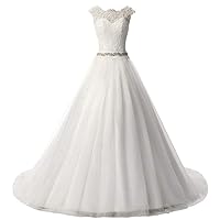 Women's Elegant A-line Beaded Belt Tulle Lace Wedding Dress Bridal Gowns