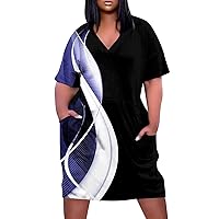 Womens Dresses Summer 2024 Summer Plus Size V-Neck Short Sleeve Print Knee Pocket Casual Dress