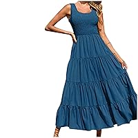 Summer Maxi Dresses for Women 2024 Vacation Dress Casual Crewneck Sleeveless Smocked Modest Flowy Tiered Long Beach Sundress