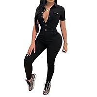 Women's Sexy Jumpsuit Short Sleeve Lapel Button Bodycon Long Pants Club Outfits Rompers with Pocket Black XL