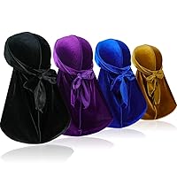 4 Pieces Men Velvet Durag with Long Tail Silky Durag Headwraps for 360 Waves