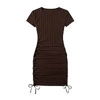 MakeMeChic Women's Ruched Drawstring Bodycon Mini Dress Crew Neck Short Sleeve Knitted Dress