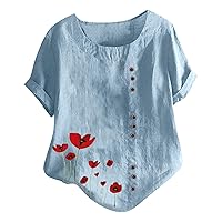 Women Tops Summer Floral Print Short Sleeve T-Shirts Linen Plus Size Button Casual Blouse Pullover Tees Shirts Tunics