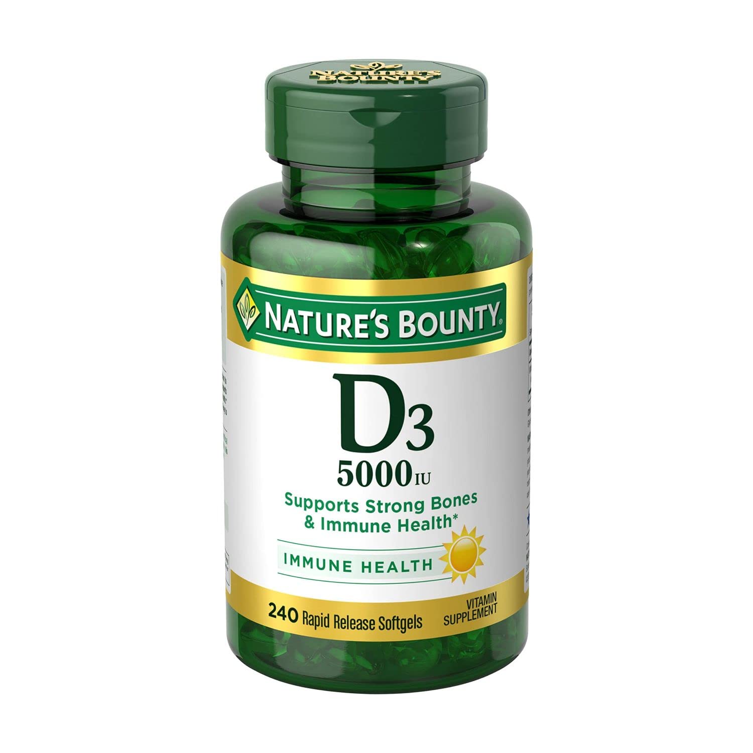 Nature’s Bounty Vitamin D3, Immune Support, 125 mcg (5000iu), Rapid Release Softgels, 240 Ct (package may differ)