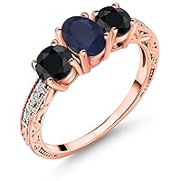 Gem Stone King 2.50 Ct Oval Blue Sapphire Black Sapphire 18K Rose Gold Plated Silver Ring