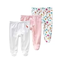 Teach Leanbh Newborn Baby 3 Pack Footed Pants Cotton Embroidery Pringting Casual Leggings 0-12 Months