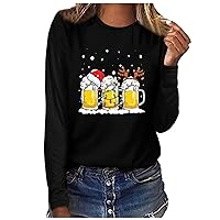 Women's Beer Santa Hat Christmas T-Shirt Oktoberfest Christmas Festival Tops Oversized Long Sleeve Crewneck Blouse