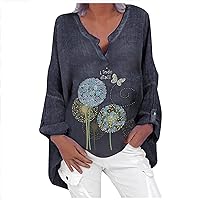 SNKSDGM Blouses for Women, Women Plus Size Long Sleeve Cotton and Linen Tops Solid Printed V-Neck High Low Loose Long Tunic