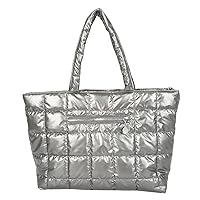 Large Quilted Tote Bag with Zip for Women Lightweight Winter Down Cotton Padded Plaid Shoulder Bags Down Padding Handbags with 2 inner Pockets and an Outer Zip Pocket